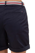Women's lemon yellow chino shorts with signature adjustable belt and classic five pocket design.