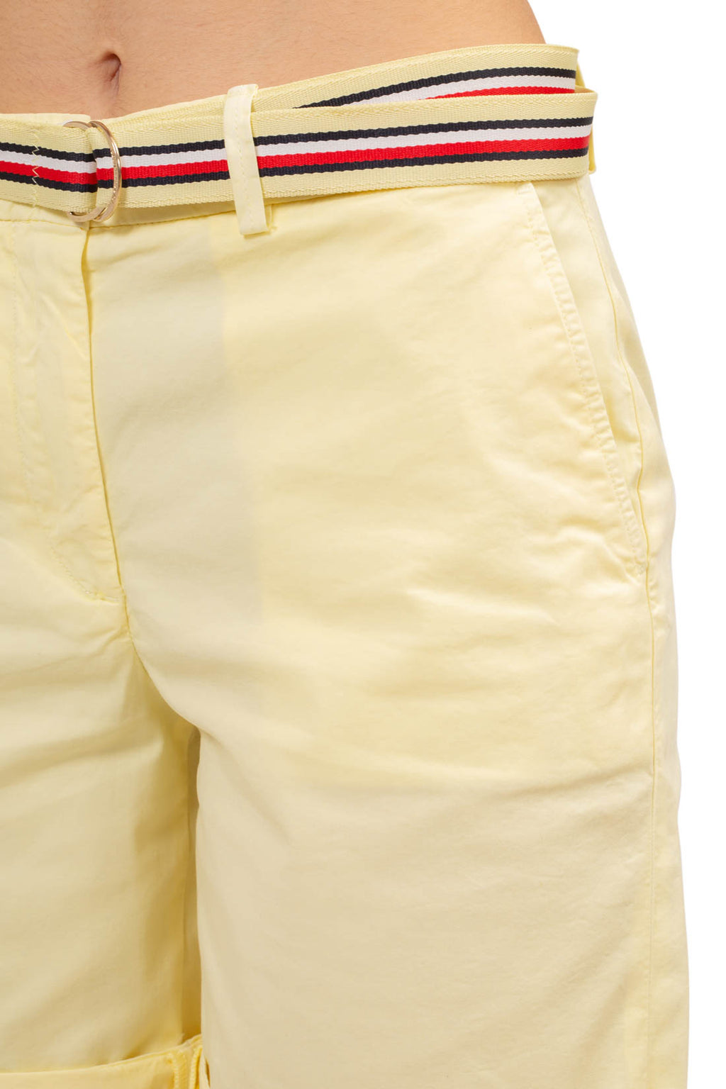 Women's lemon yellow chino shorts with signature adjustable belt and classic five pocket design. — view 36