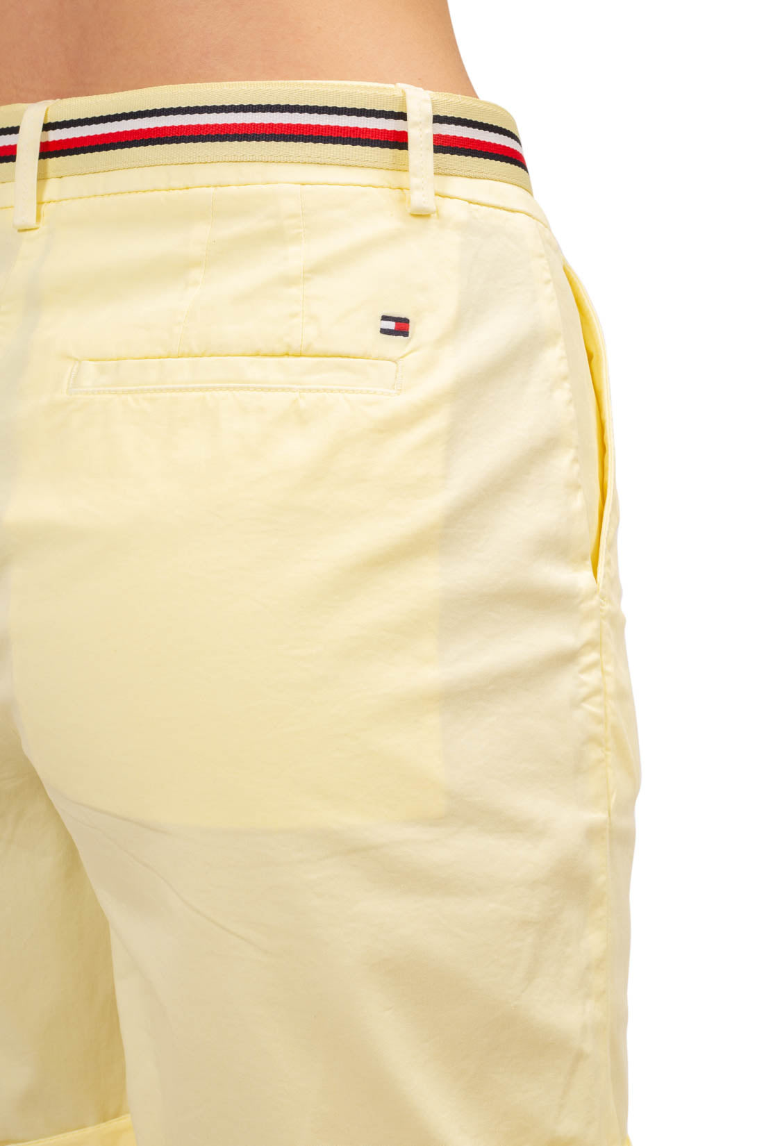 Women's lemon yellow chino shorts with signature adjustable belt and classic five pocket design. — view 25