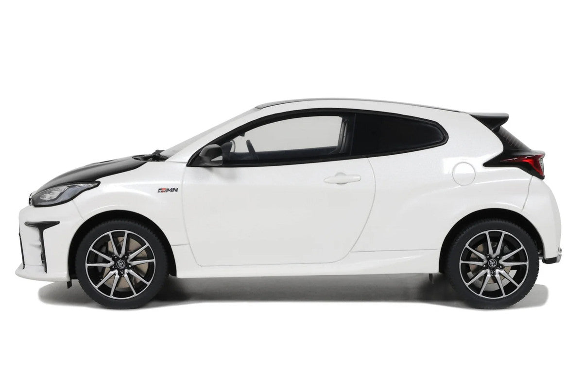 1/18 scale 2022 Toyota GRMN Yaris model car in platinum white pearl with black hood — view 2