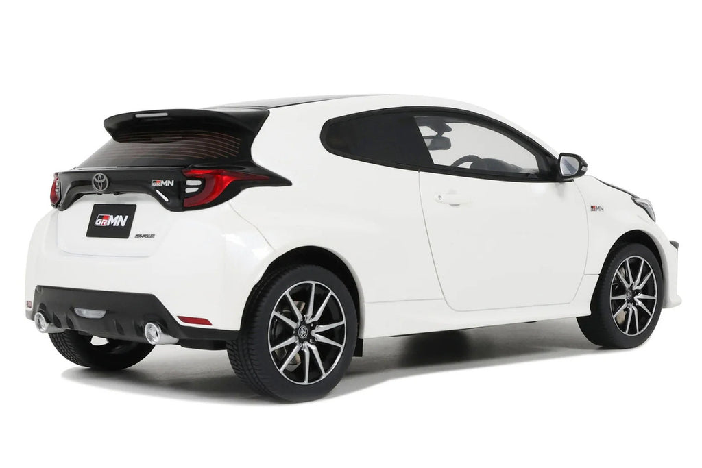 1/18 scale 2022 Toyota GRMN Yaris model car in platinum white pearl with black hood — view 4