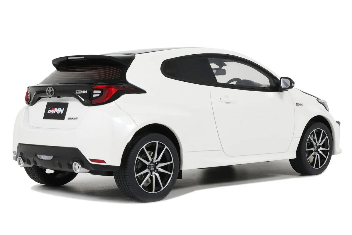 1/18 scale 2022 Toyota GRMN Yaris model car in platinum white pearl with black hood — view 4