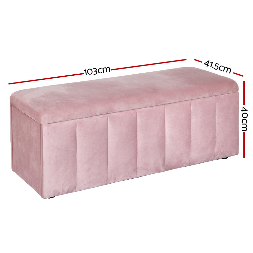 Artiss pink velvet storage ottoman and blanket box with lifted lid showing internal space — view 2