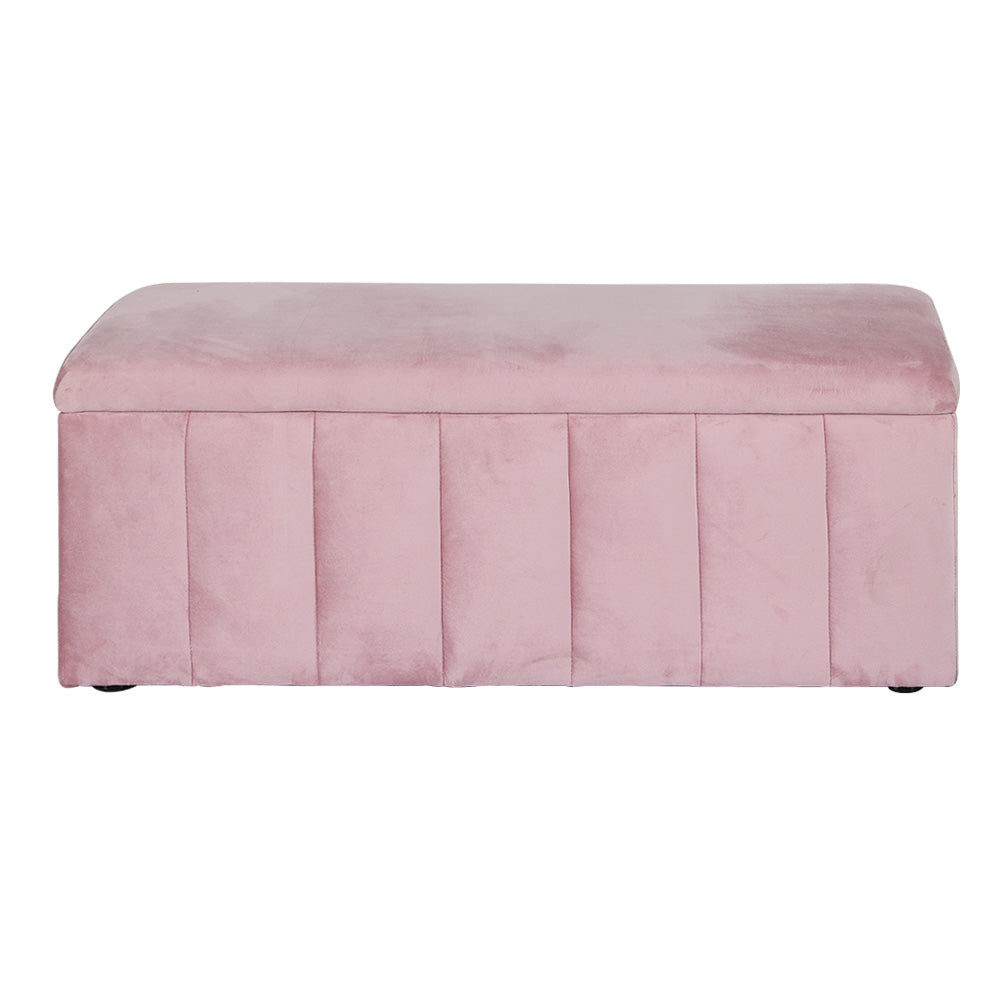 Artiss pink velvet storage ottoman and blanket box with lifted lid showing internal space — view 3