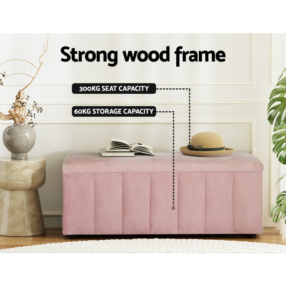 Artiss pink velvet storage ottoman and blanket box with lifted lid showing internal space — view 4