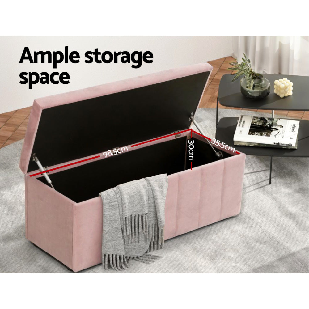 Artiss pink velvet storage ottoman and blanket box with lifted lid showing internal space — view 5