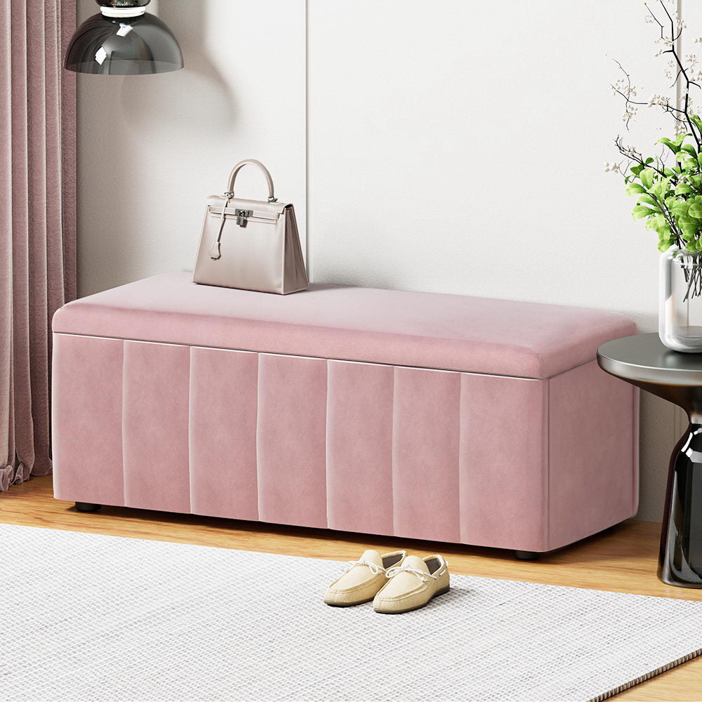 Artiss pink velvet storage ottoman and blanket box with lifted lid showing internal space
