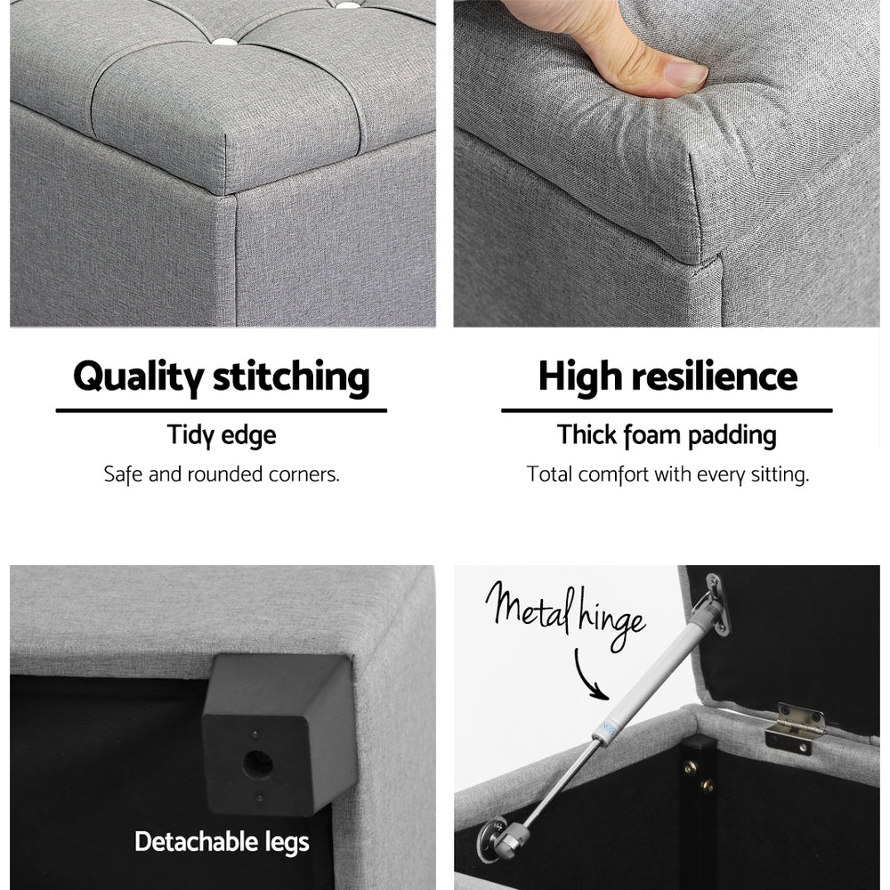 Light grey faux linen tufted storage ottoman with a lift-up lid and detachable wooden legs. — view 5