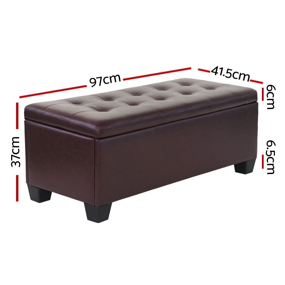 Brown faux leather storage ottoman blanket box with wooden legs and lift-up cushioned lid. — view 2