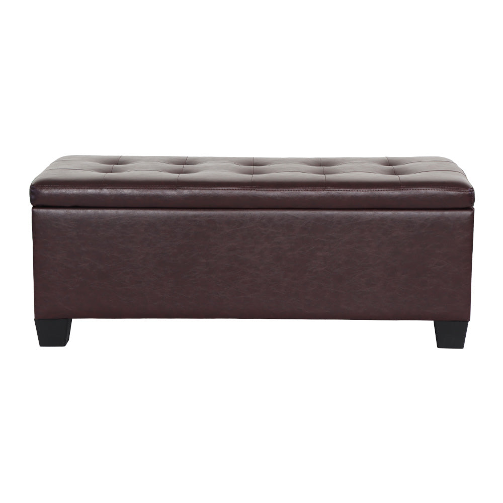 Brown faux leather storage ottoman blanket box with wooden legs and lift-up cushioned lid. — view 3