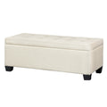 Beige faux linen storage ottoman blanket box with lifted lid revealing inner space and wooden legs