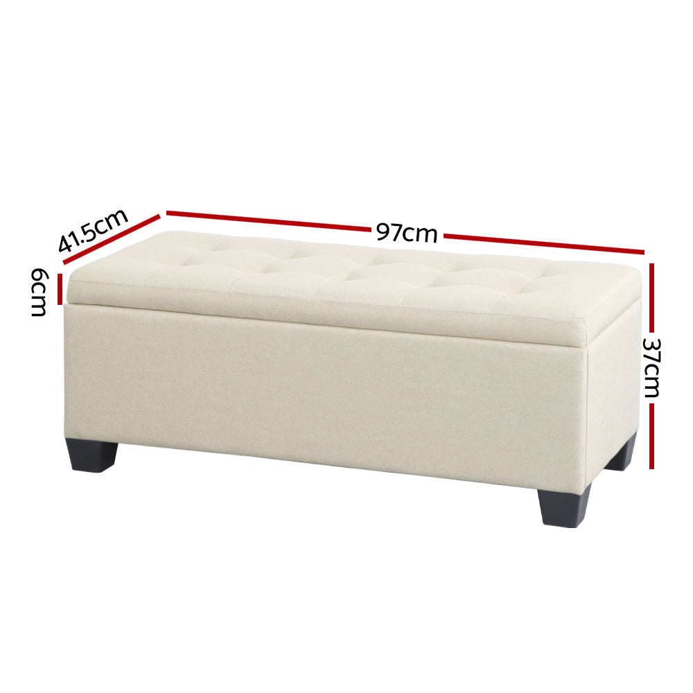 Beige faux linen storage ottoman blanket box with lifted lid revealing inner space and wooden legs — view 2