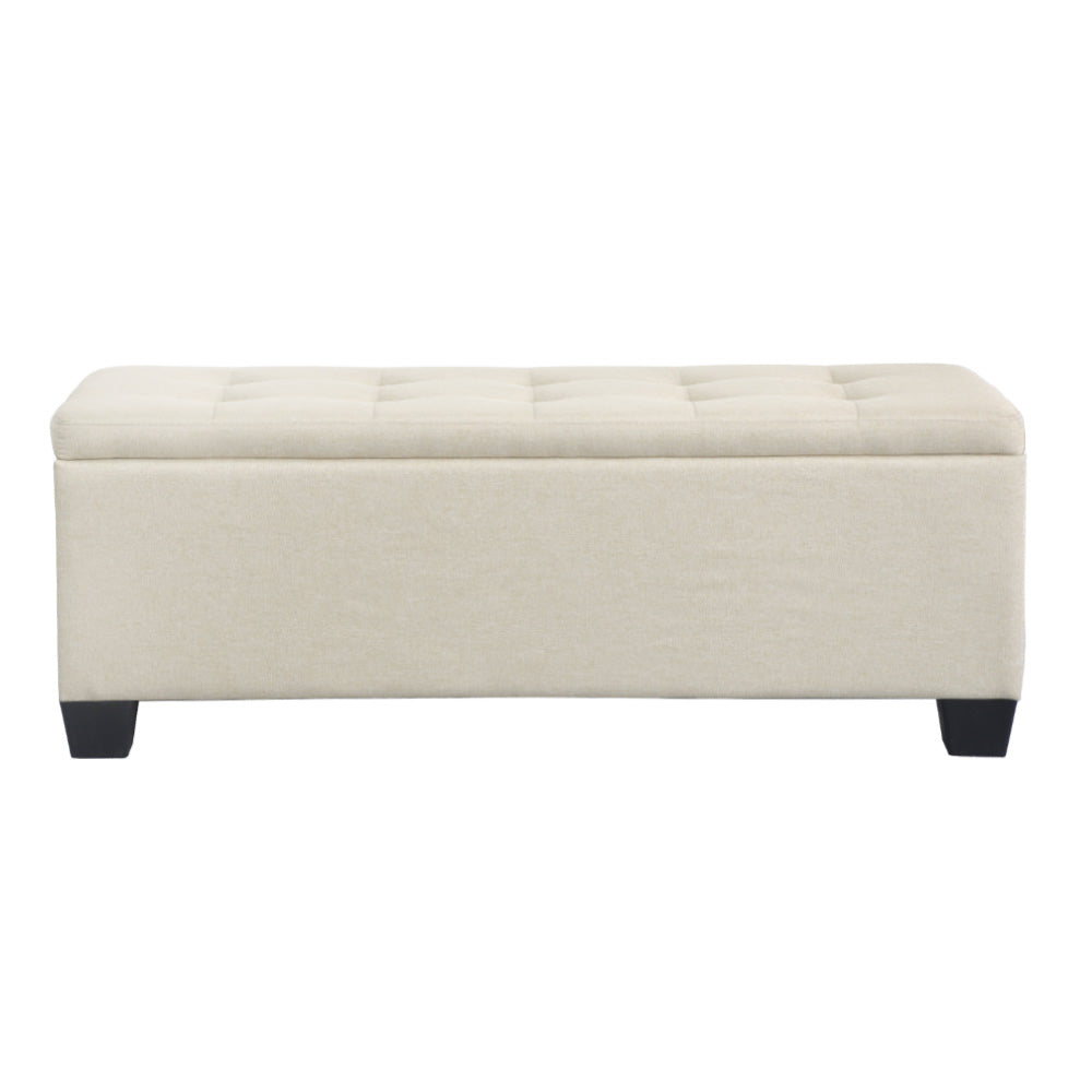 Beige faux linen storage ottoman blanket box with lifted lid revealing inner space and wooden legs — view 3
