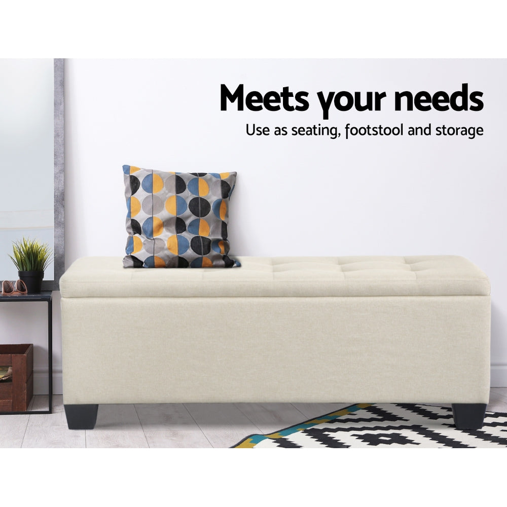 Beige faux linen storage ottoman blanket box with lifted lid revealing inner space and wooden legs — view 4