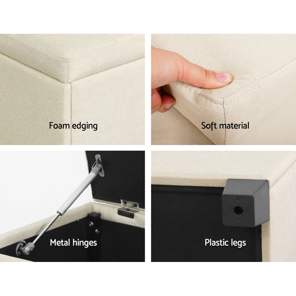 Beige faux linen storage ottoman blanket box with lifted lid revealing inner space and wooden legs — view 5
