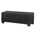 Black faux linen storage ottoman blanket box with wooden legs and lift-up padded cushion seat