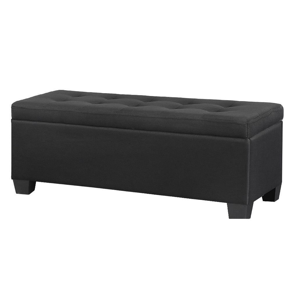 Black faux linen storage ottoman blanket box with wooden legs and lift-up padded cushion seat