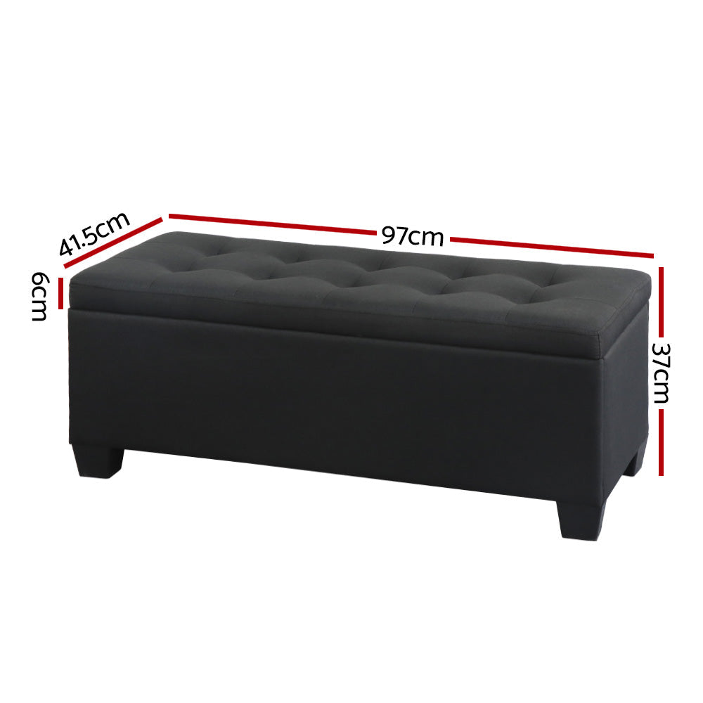 Black faux linen storage ottoman blanket box with wooden legs and lift-up padded cushion seat — view 2