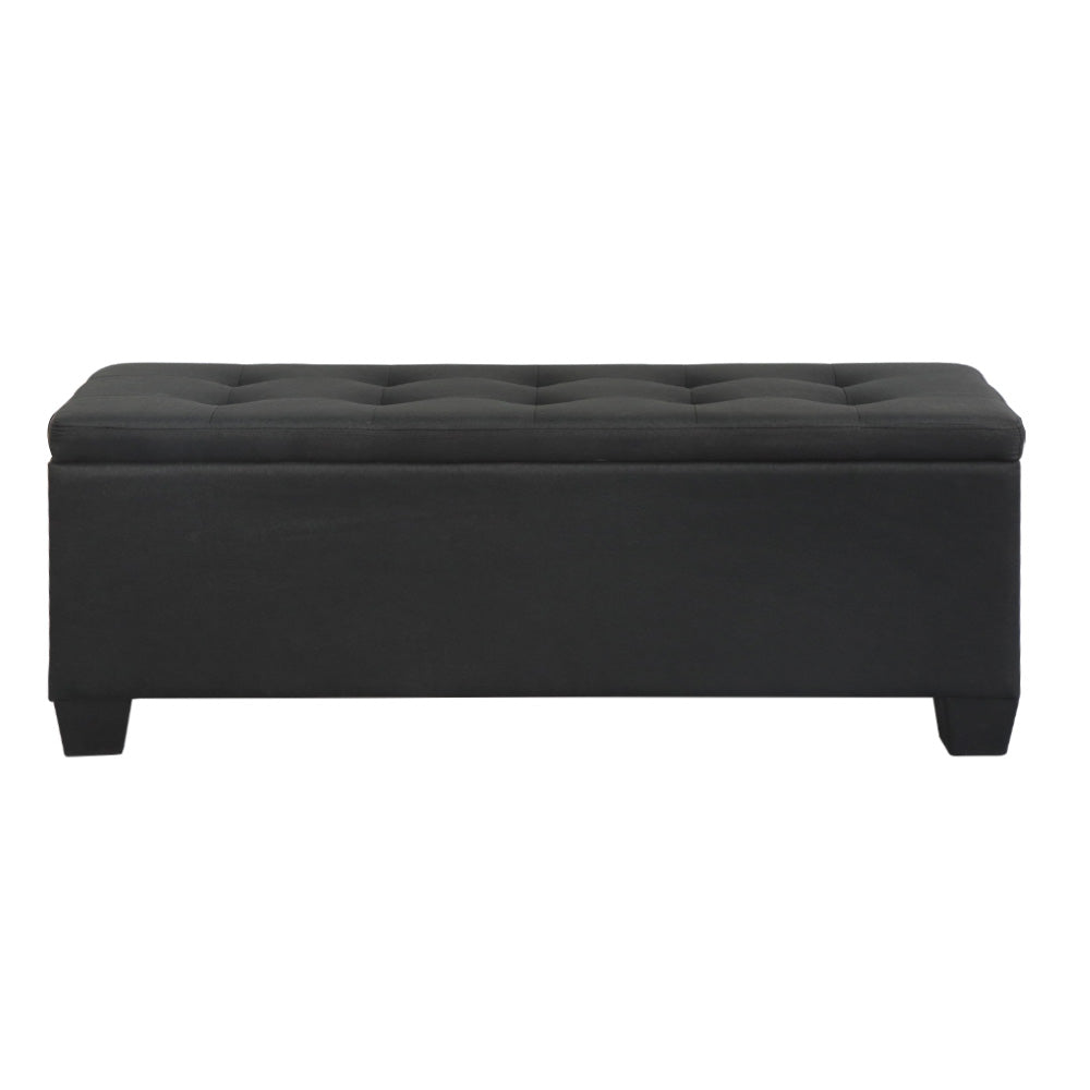 Black faux linen storage ottoman blanket box with wooden legs and lift-up padded cushion seat — view 3