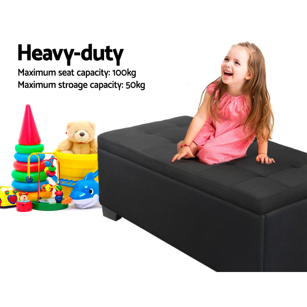 Black faux linen storage ottoman blanket box with wooden legs and lift-up padded cushion seat — view 4