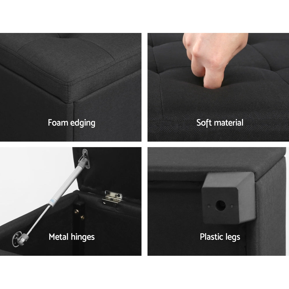 Black faux linen storage ottoman blanket box with wooden legs and lift-up padded cushion seat — view 5