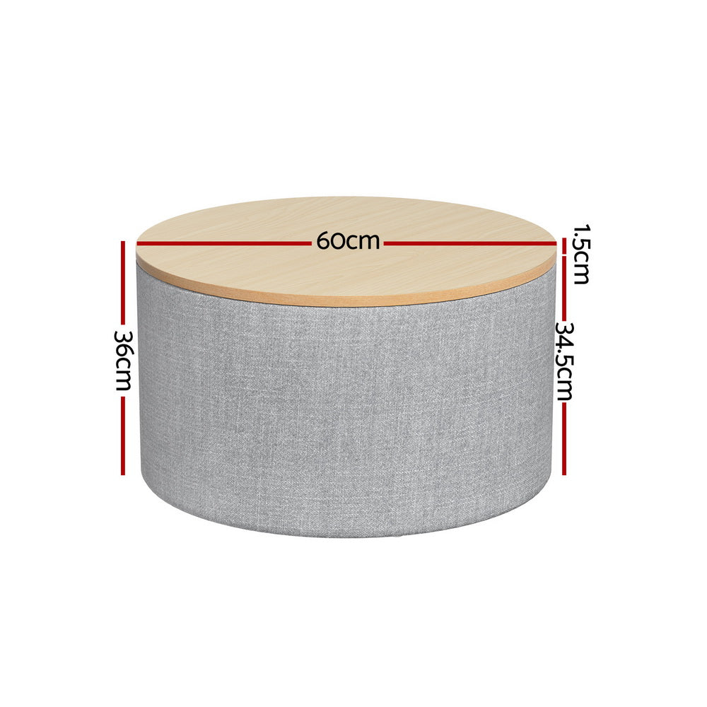 Round grey faux linen storage ottoman with a removable wood lid and concealed blanket compartment. — view 2