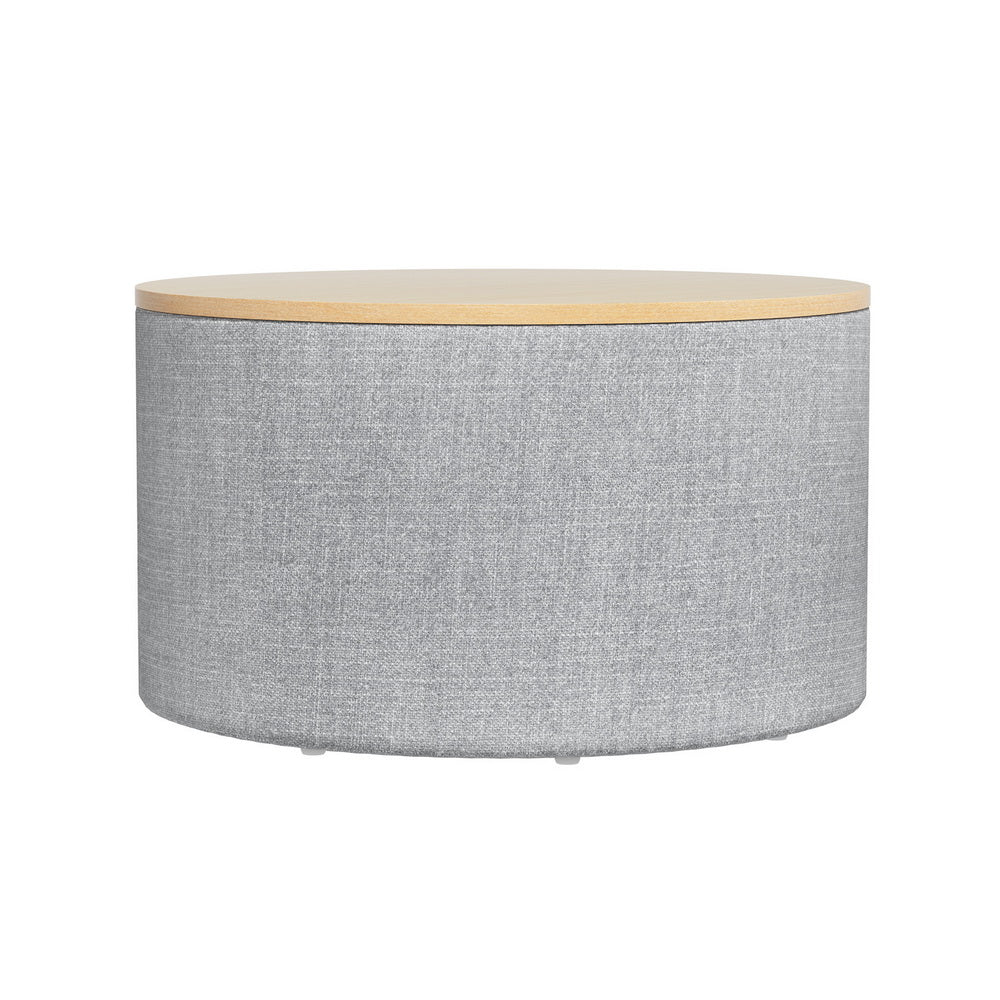 Round grey faux linen storage ottoman with a removable wood lid and concealed blanket compartment. — view 3