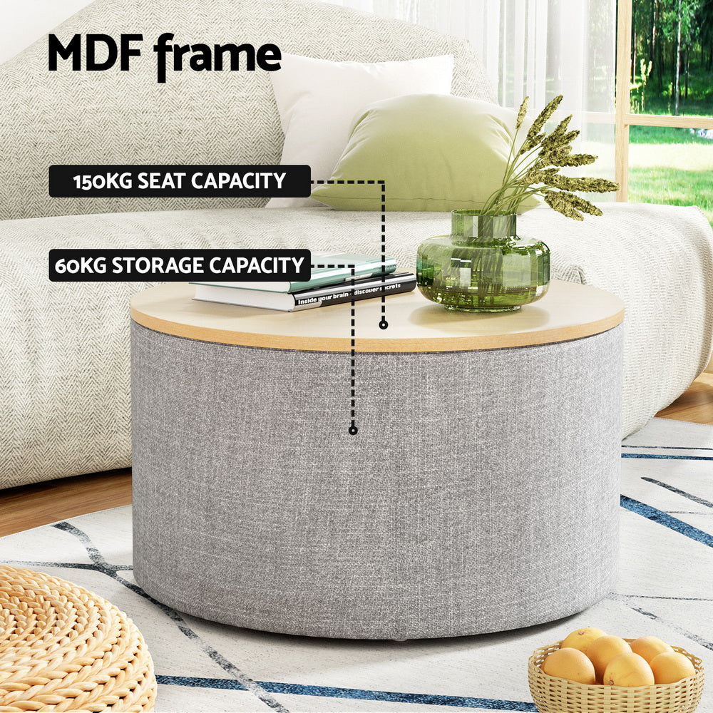 Round grey faux linen storage ottoman with a removable wood lid and concealed blanket compartment. — view 4