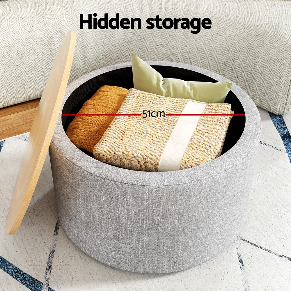 Round grey faux linen storage ottoman with a removable wood lid and concealed blanket compartment. — view 5