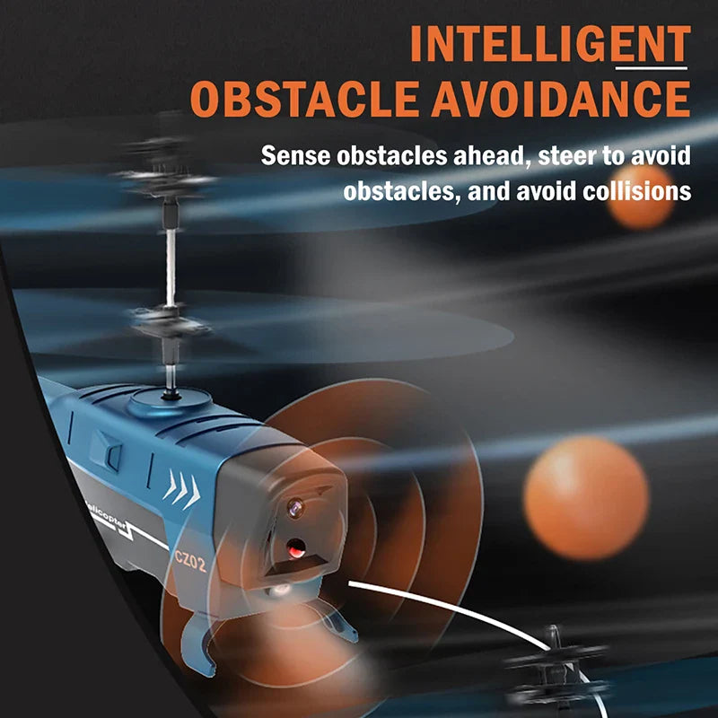 Obstacle avoidance RC helicopter in durable plastic with remote control and USB charging accessories — view 2