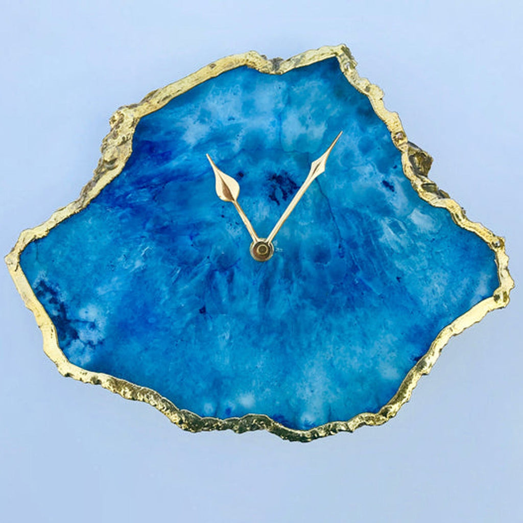 Ocean blue irregular agate quartz clock with metallic gold electroplated edges and modern brass hands