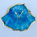 Ocean blue irregular agate quartz clock with metallic gold electroplated edges and modern brass hands