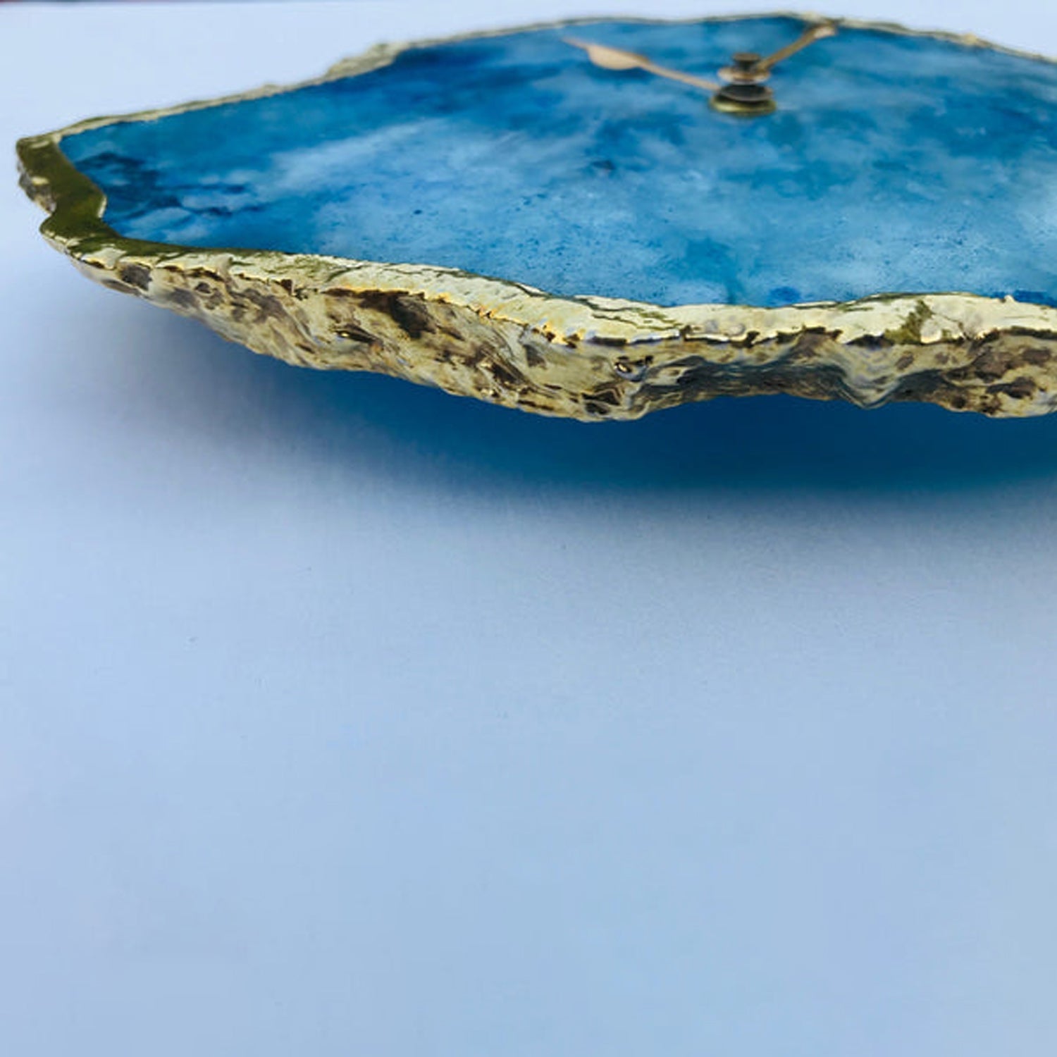 Ocean blue irregular agate quartz clock with metallic gold electroplated edges and modern brass hands — view 2