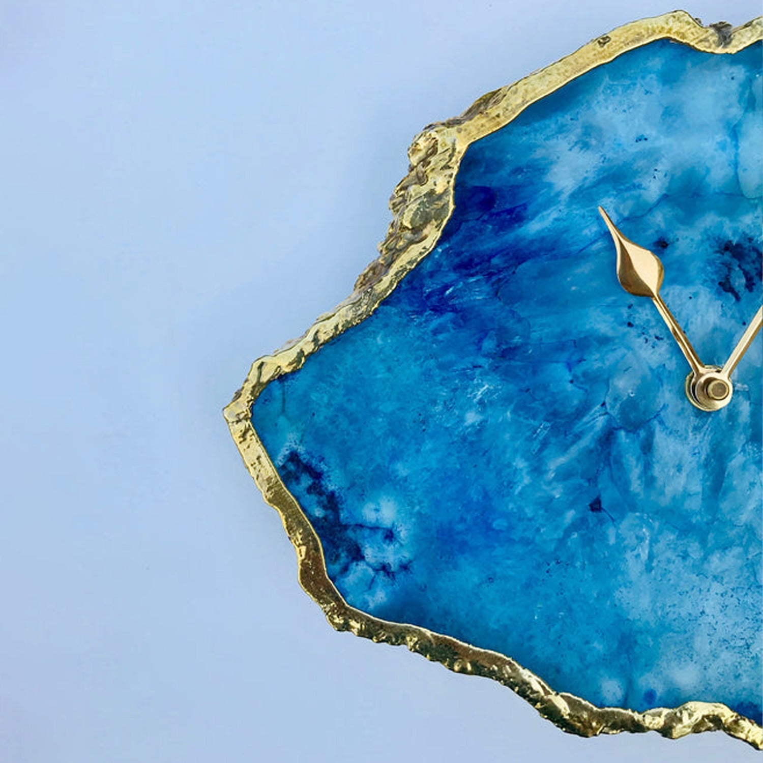 Ocean blue irregular agate quartz clock with metallic gold electroplated edges and modern brass hands — view 3