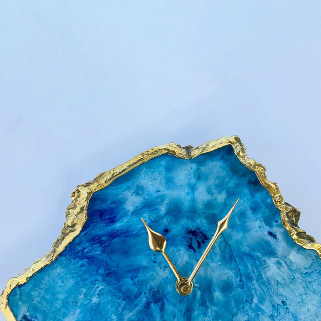 Ocean blue irregular agate quartz clock with metallic gold electroplated edges and modern brass hands — view 4