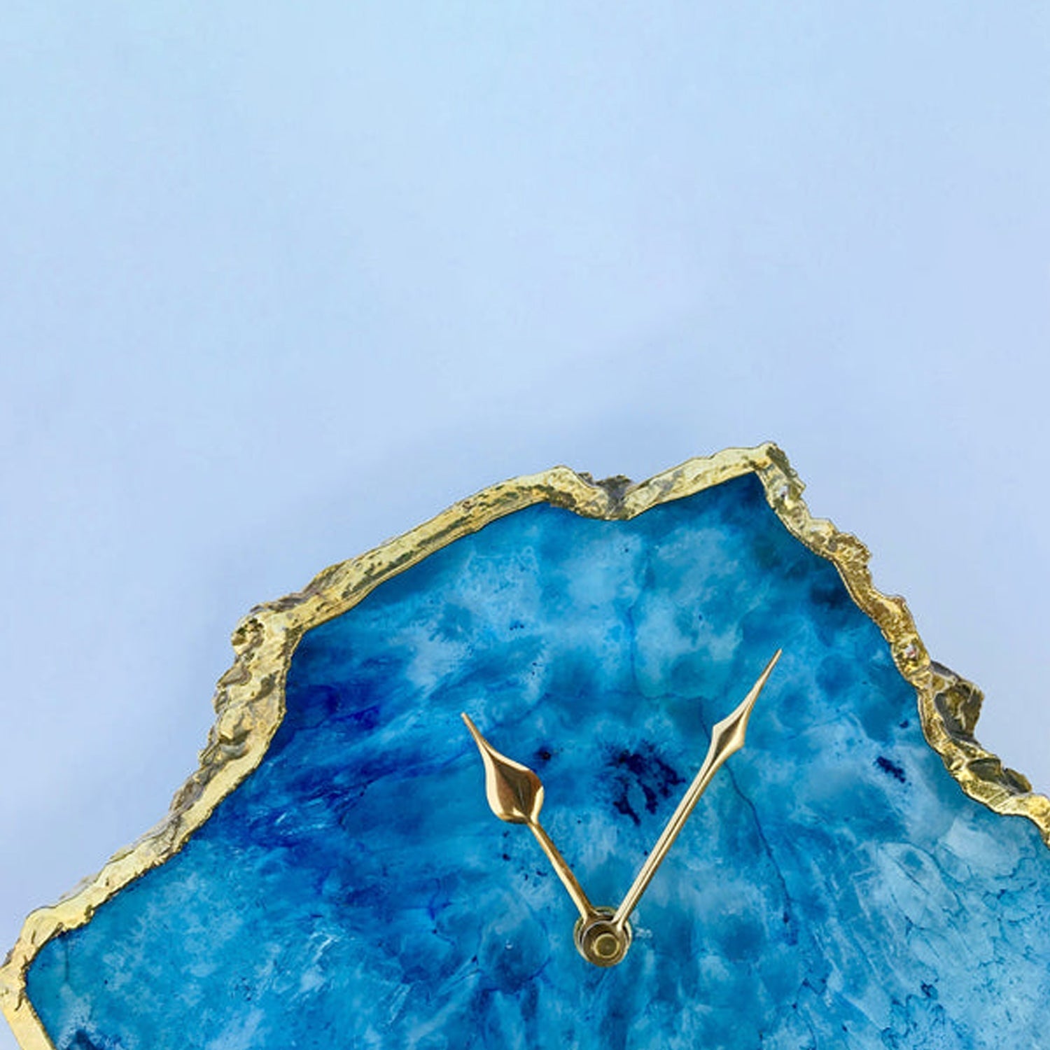 Ocean blue irregular agate quartz clock with metallic gold electroplated edges and modern brass hands — view 4