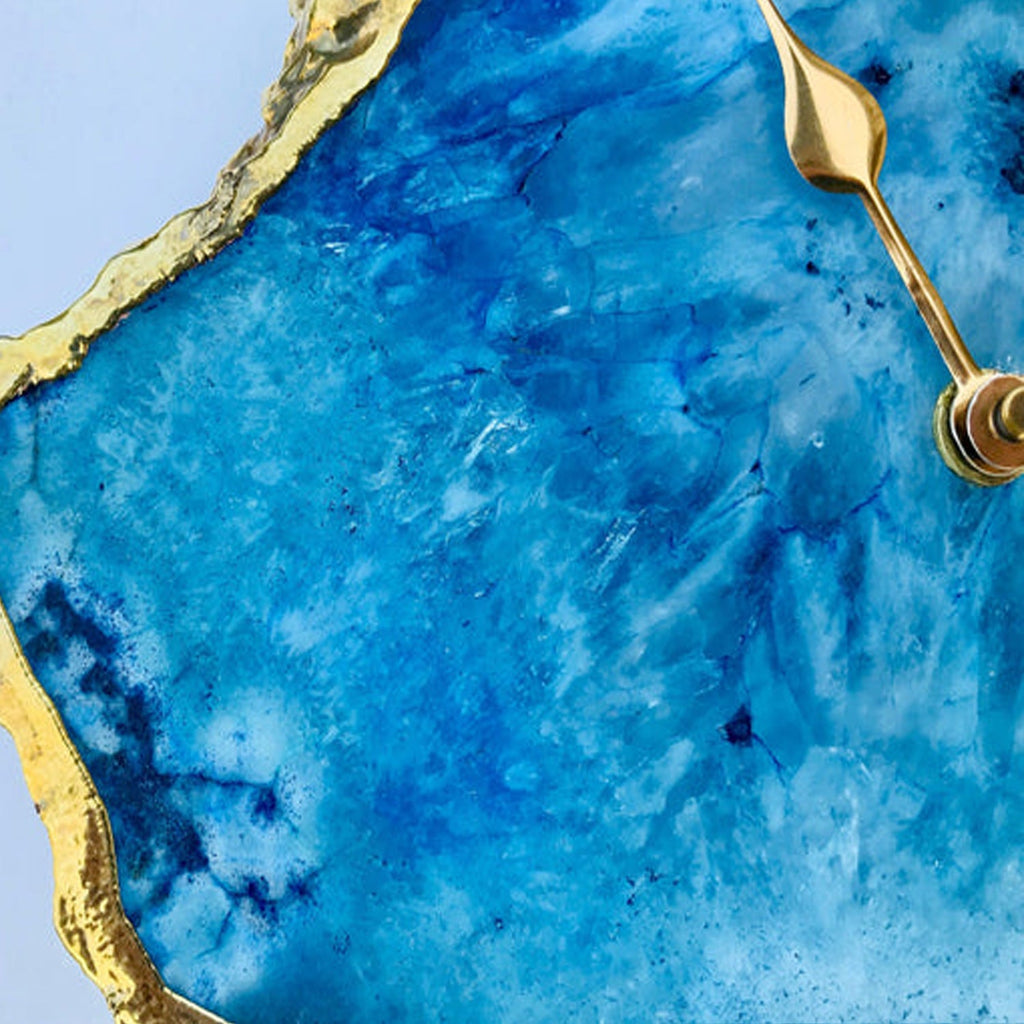 Ocean blue irregular agate quartz clock with metallic gold electroplated edges and modern brass hands — view 5