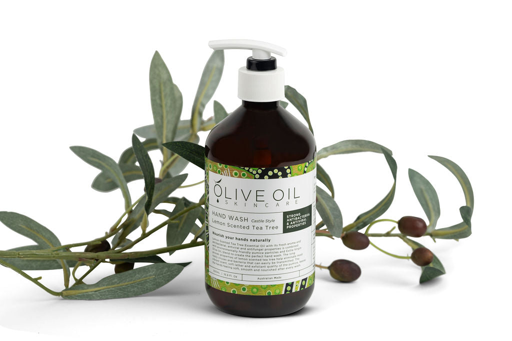 Lemon tea tree castile hand wash 500ml bottle with pump dispenser by Olive Oil Skincare