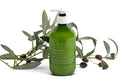 Rose geranium hair conditioner in a 500ml pump bottle with natural olive oil botanical branding.