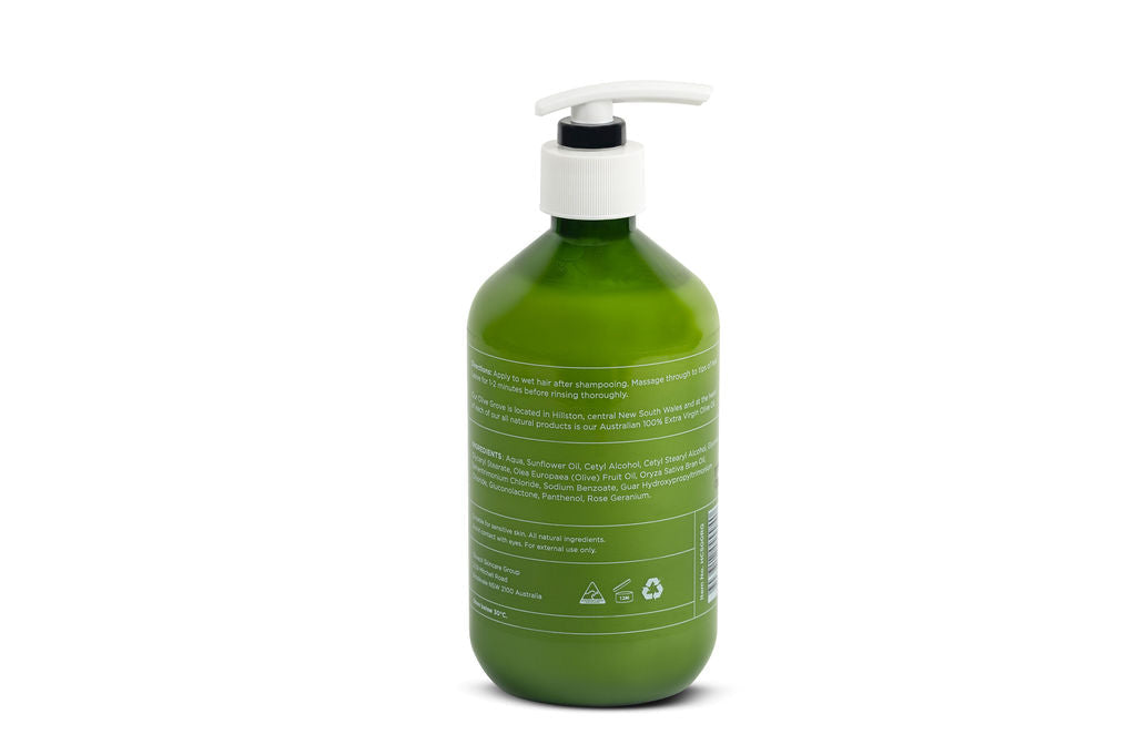Rose geranium hair conditioner in a 500ml pump bottle with natural olive oil botanical branding. — view 4