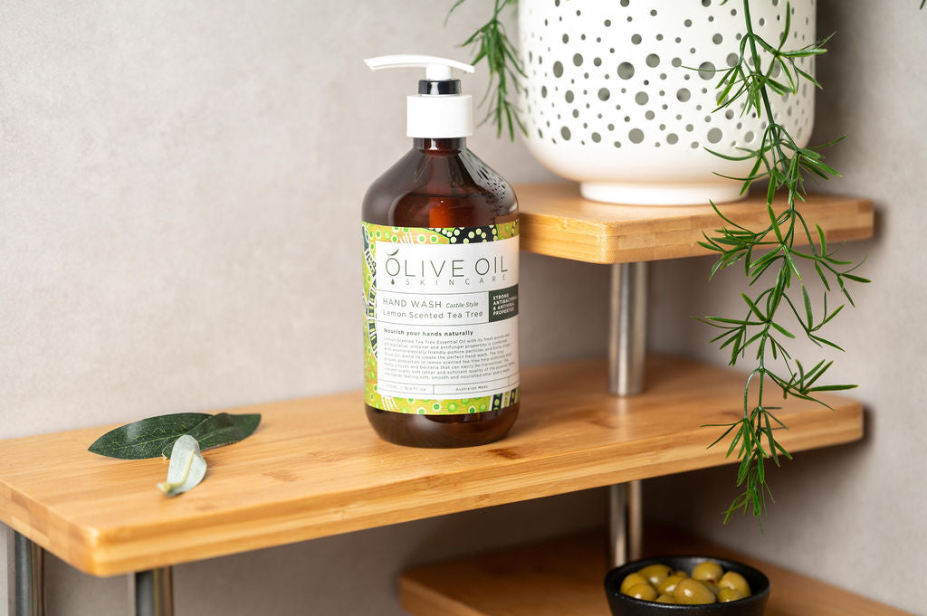 Lemon tea tree castile hand wash 500ml bottle with pump dispenser by Olive Oil Skincare — view 5
