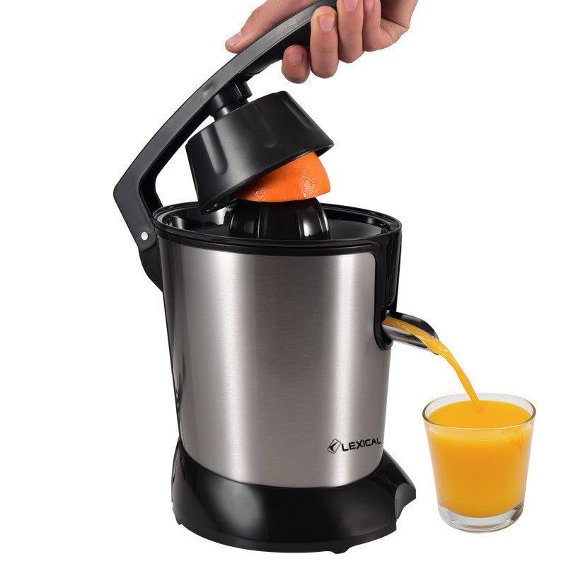 Electric orange juicer machine featuring durable stainless steel construction and wide fruit feeding port