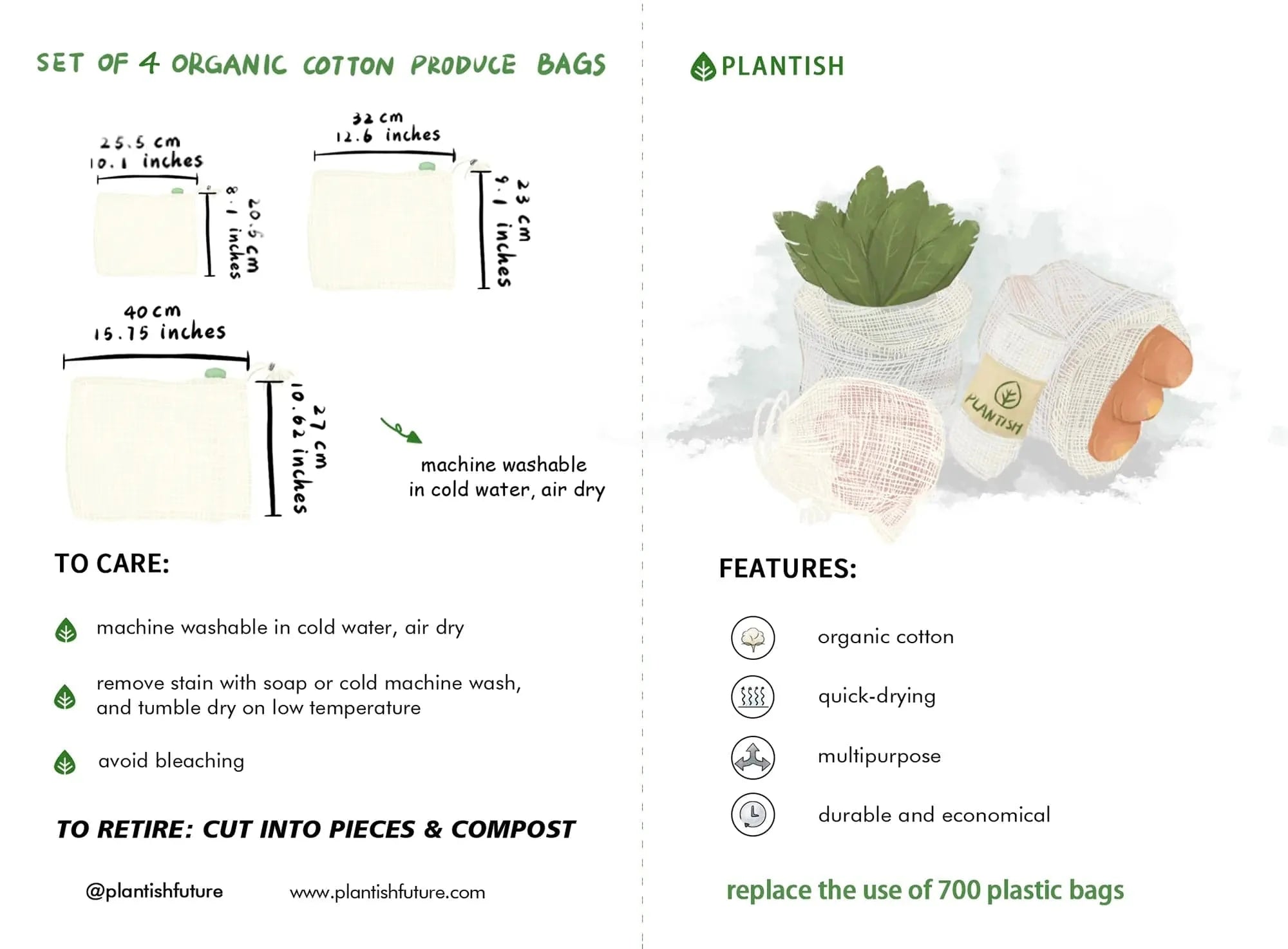 Set of four natural organic cotton mesh produce bags with drawstring closures — view 5