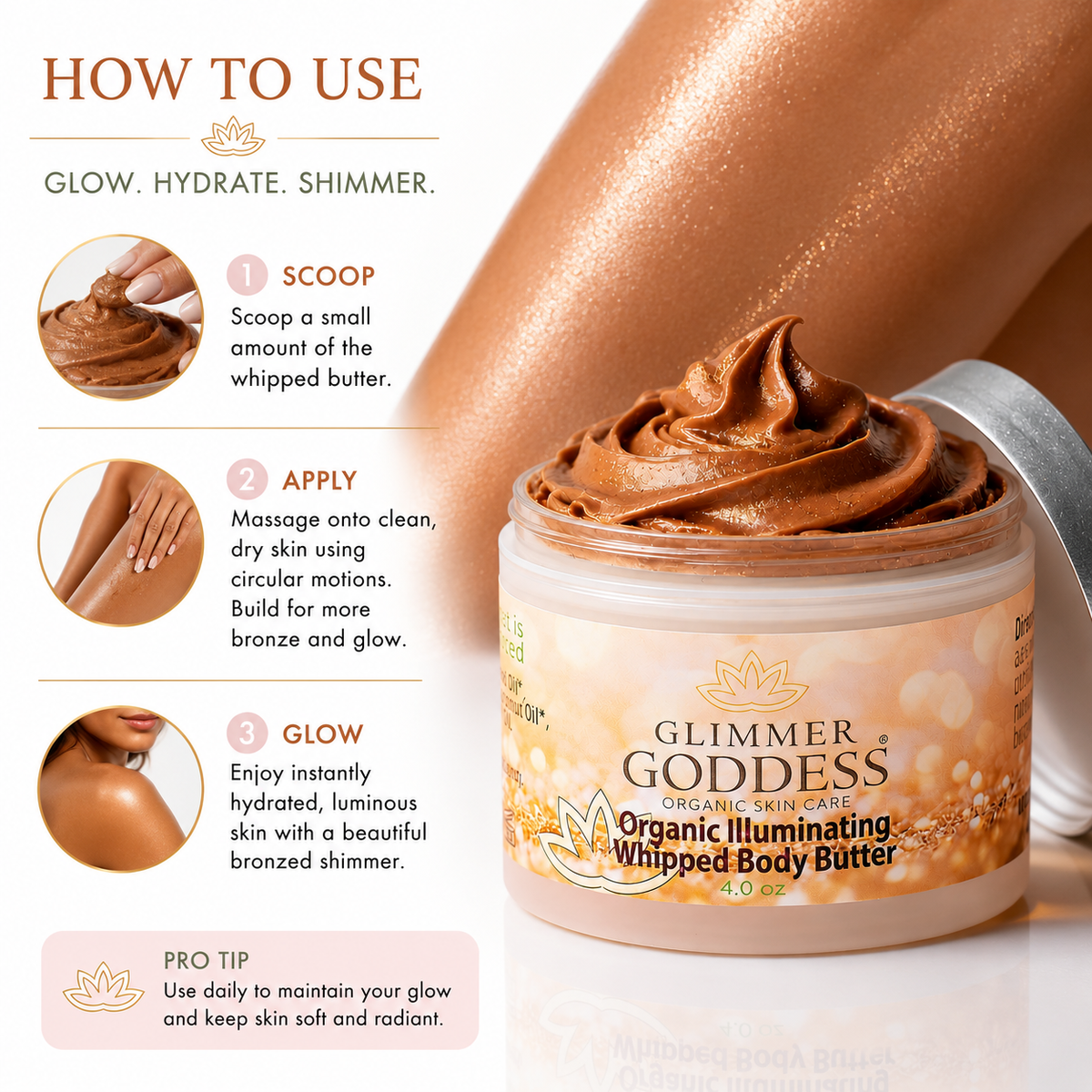Organic Whipped Bronzing Body Butter – Shimmering Body Moisturizer with Instant Bronze Glow-3