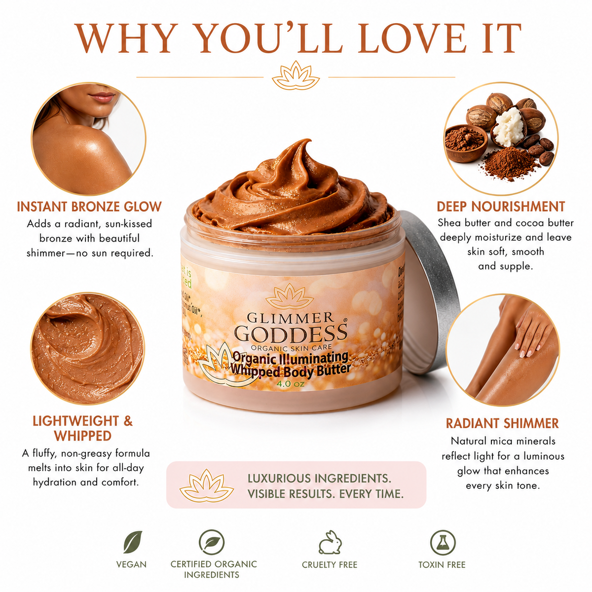 Organic Whipped Bronzing Body Butter – Shimmering Body Moisturizer with Instant Bronze Glow-4
