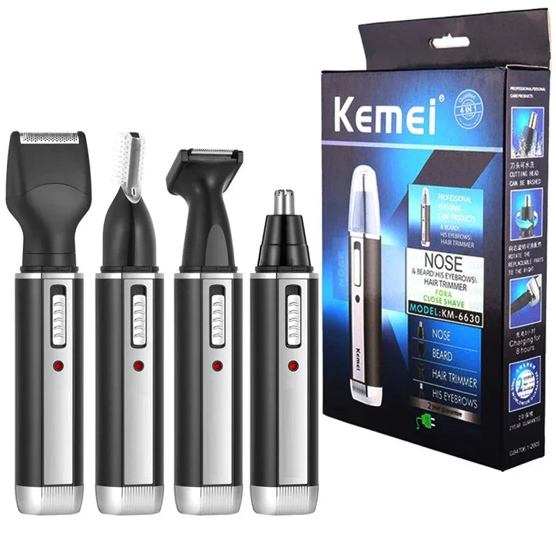 Black 4-in-1 micro hair trimmer electric shaver and grooming accessories on a clean background