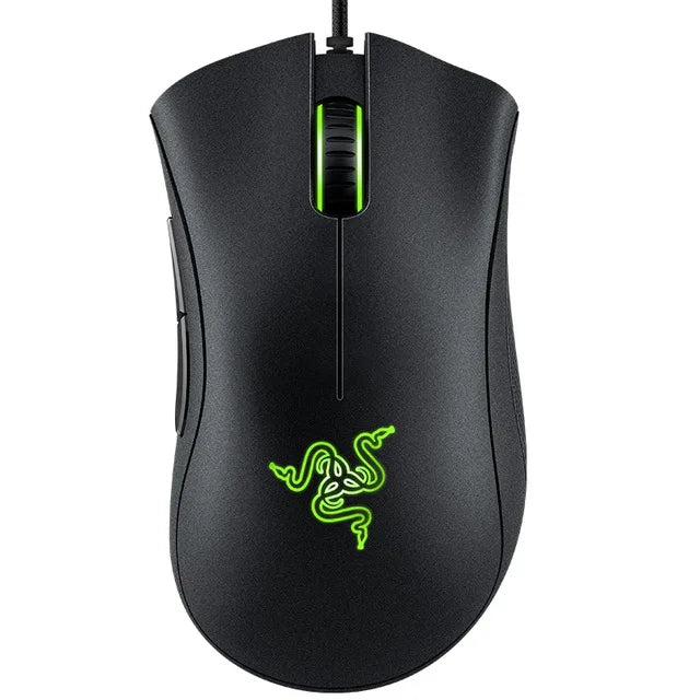 Wired gaming mouse by NNEOBA featuring green lighting, ergonomic right-handed design, and tactile scroll wheel.