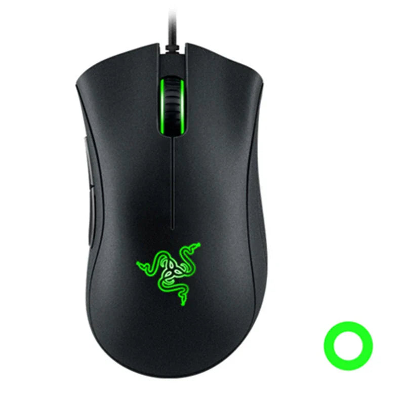 Right-handed wired gaming mouse with green LED lighting, tactile scroll wheel, and side buttons — view 3