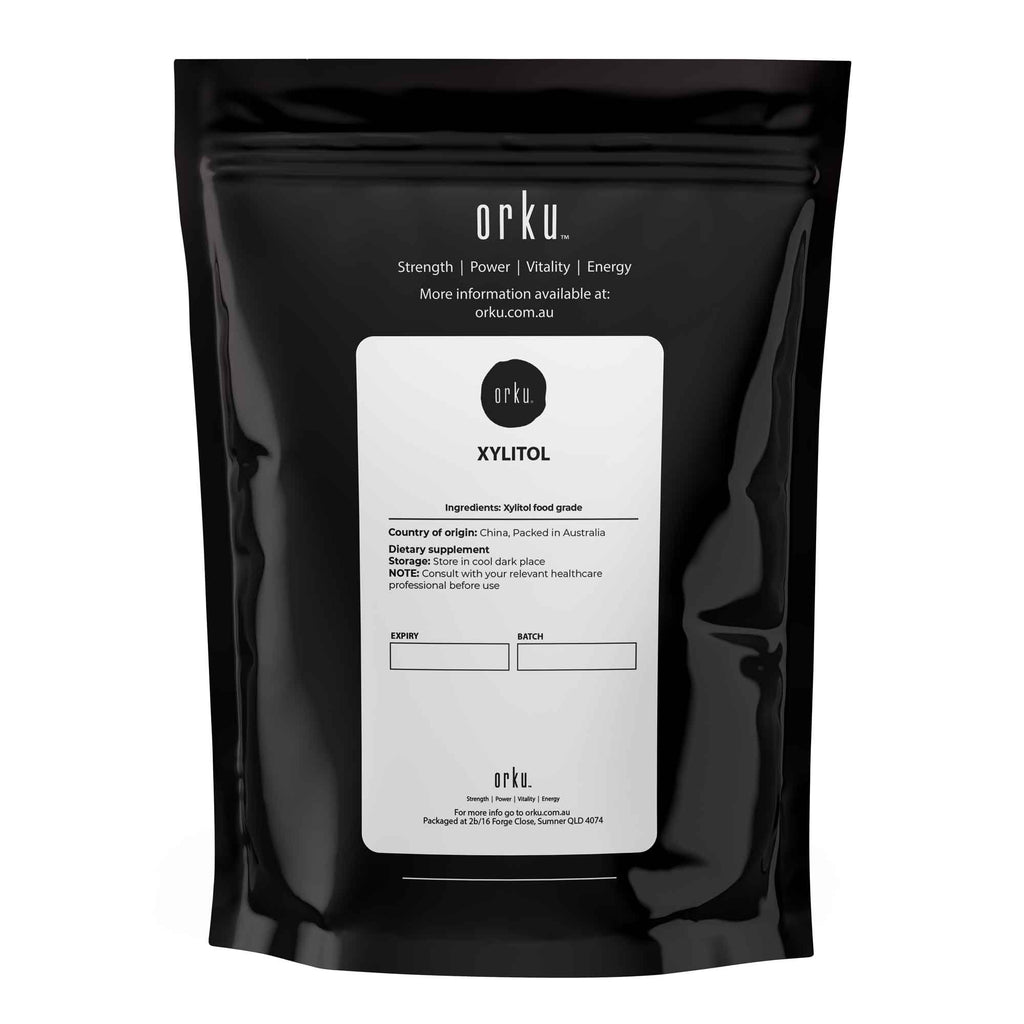 Orku xylitol crystal powder natural sugar substitute in a 100g resealable packaging pouch — view 2