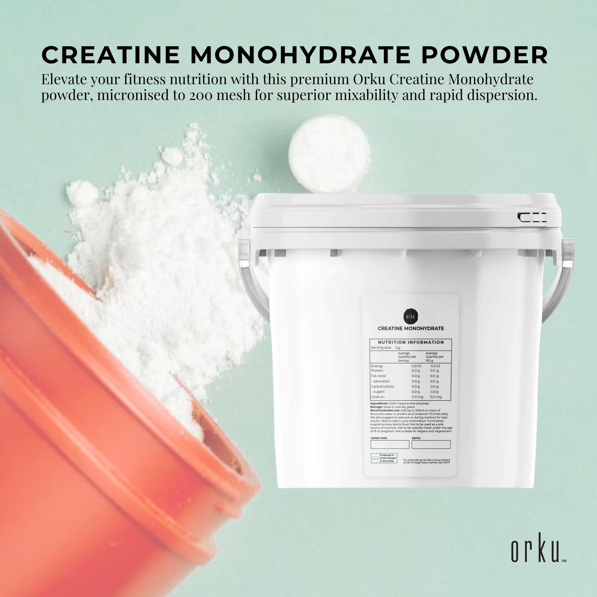 Orku 3Kg unflavoured micronised creatine monohydrate powder in a large white resealable tub — view 2